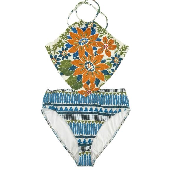 NEW Farm Rio Swimsuit One Piece High Neck Cutout Floral Blue Geometric Size XL - Picture 1 of 9
